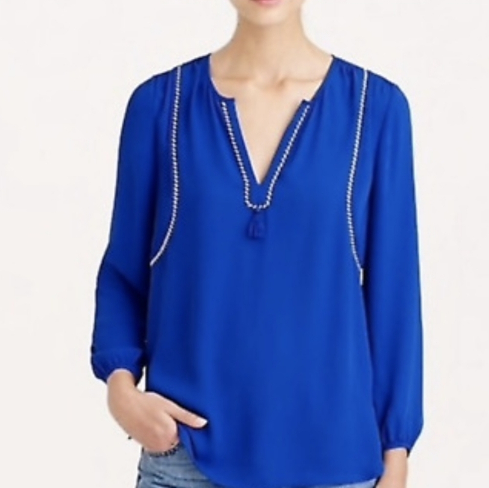 J.Crew Royal Blue Twisted Tassel Blouse Size 0 Flowy Boho Peasant Top